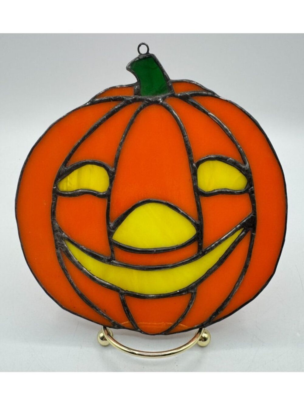 Vintage Stained Glass Pumpkin Jack O Lantern Suncatcher Halloween Window Decor